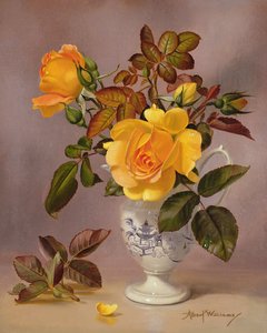 Orange Roses in a Blue and White Jug by Albert Williams